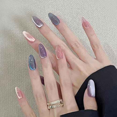SXVME Rainbow Cat Eye Press on Nails Almond Shape, 30 Pcs Colorful Glitter Fake Nails Medium Full Cover Cute Bling Shiny Acrylic Nails for Women Daily Wear