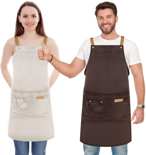JASTOO Delantal de mujer, delantal de parrilla impermeable de 2 piezas, delantal de cocina con 2 bolsillos, Para jardín, parrilla, cocina, trabajo, camarero blanco y negro