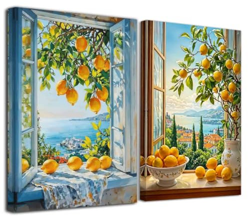 LZIMU 2 Pieces Lemon Pictures for Kitchen Yellow Lemon Wall Art Rustic Fruit Painting Blue Pottery Prints Vintage Poster Dining Room Restaurant Decor Framed (Orange, (11x14inchx2 Pieces))