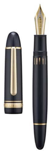 Wikult Yongsheng Junlai 930 Acryl Füllfederhalter, Größe 9 mittlere Feder mit Kolbenfüllsystem, Klavier Schwarz Zaun Tintentank mit Torpedo Form Design Großer Handstift (Goldener Besatz)
