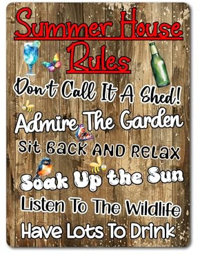 Decalarama Garden Metal Sign Gift – Summer House Rules – Have Lots To Drink – WOOD – Family Fun Home Shed Allotment Novelty Aluminium Present