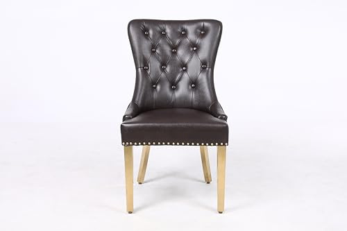 Modernique Pair Luna Leather Aire x2 Dining Chairs in Black Brown Cream and Grey with Knocker & Stud Back Golden Frame (Grey)