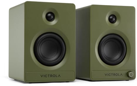 Victrola Tempo – Enceintes bibliothèque Bluetooth stéréo – Son immersif avec Diffusion Multi-Enceintes Via Auracast, entrées Platine/RCA, Sortie pour Caisson de Basses (Paire, Vert)
