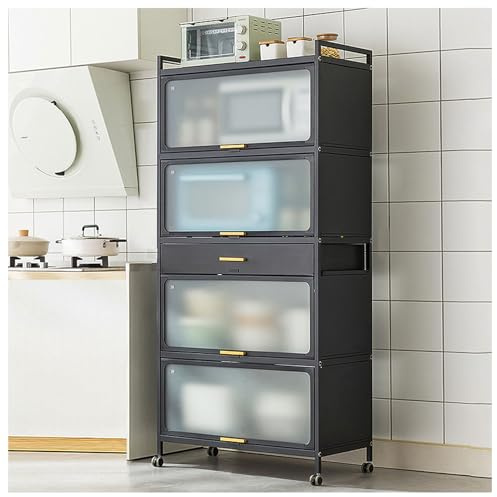 Mikrowellenständer mit 5 Etagen, Rolltür, Schrank und Schublade, vielseitiges Küchenregal, Metallregale für Speisekammer und Wohnzimmer, Schwarz, 60 x 102 cm