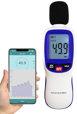 Fonometro digitale Bluetooth con app datalogger, 30-130 dBA SPL senza fili alta precisione, 20.000 record, funzioni Max/Min/Hold, allarme – Misuratore di rumore per casa, scuola, fabbrica, ecc.