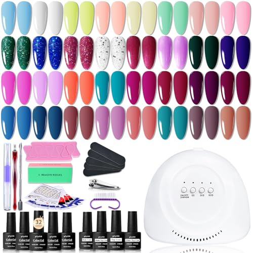 fKiZanthene 32 Colours Gel Nail Polish Starter Kit U V Light and Dark Series Gel Nail Set No Wipe Base Matte and Glossy Top Coat