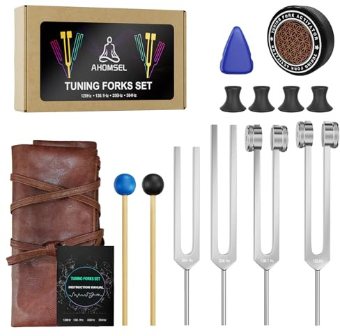 Tuning Forks for Healing Set - 128Hz, 136.1Hz, 256Hz, 384Hz, Weighted & Unweighted, Tuning Fork with Hockey Puck Activator & feet, Sound Therapy Chakra Balance for Yoga & Meditation in Leather Pouch