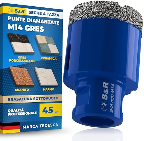 S&R Professional Diamant Fliesenbohrer 45 mm, Lochsäge für Fliesen M14 Gewinde, Diamant Bohrer Fliesen, Vakuum Gelötete Bohrkrone Winkelschleifer für Keramik, Feinsteinzeug, Granit, Marmor, Porzellan