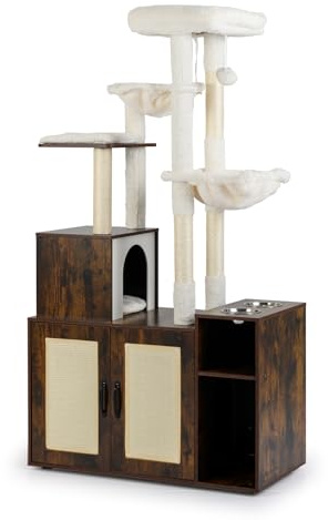 GYMAX Arbre à Chat et Cache-Litière 2-en-1, avec 2 Hamacs, Perchoir, 2 Gamelles, Condo avec Coussin, Compartiments Ouverts, Griffoir et Tapis en Sisal, Meuble pour Chatons d'Intérieur