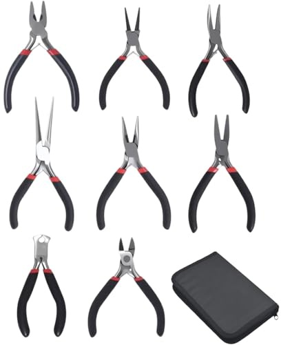 Juego de alicates para joyería profesional, juego de 8 piezas, alicates de joyería de precisión con bolsa, herramientas de corte, doblado, crimpado, para hacer joyas, mini alicates de acero al