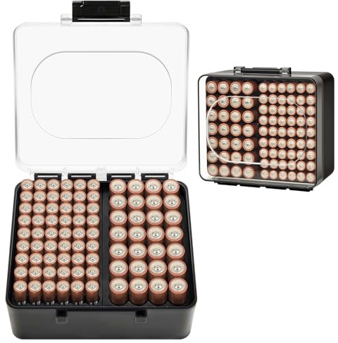 FULLCASE Battery Organizer for 28 AA and 54 AAA, Detachable Case, Black | Clear acrylic case has 82 snug slots, two detachable modules and snap clasps for home or travel, Case Only