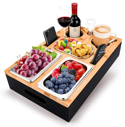 Vassoio da Divano in Legno,Vassoio da portata,Con 2 Ciotole in Acciaio Inox & Portaspezie,Vassoio Legno,Coperchio Magnetico Rimovibile,Contenitore per snack da divano Per Divano,Letto e Giardino