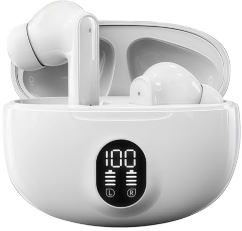Luckyrao Wireless Earbuds, Bluetooth 5.4 Earphones In Ear with 4 HD microphone, 40H Playtime, HIFI Stereo In Ear Headphones, IPX7 Waterproof Bluetooth Earbuds, LED Display, Sport/Work/White Y88