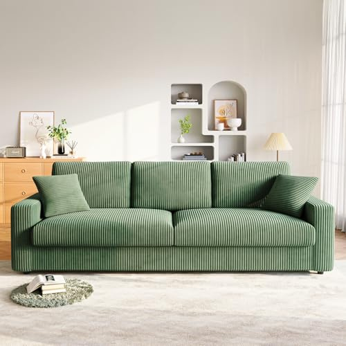 TOTEBOX 4-Seater Long Sofa Corduroy Fabric Couch 256cm, 4 Seater Corduroy Sofa Jumbo Cord Modern Sofa Couch Seats with 2 Pillows Soft for Living Room (Green)