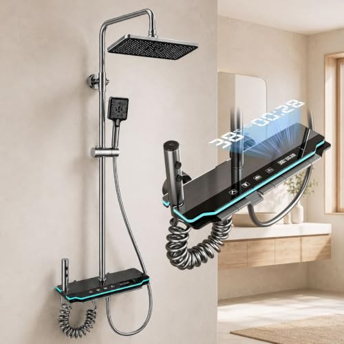 TEKXDD Colonne de Douche Thermostatique Titanium 4 en 1 | Colonne de Douche avec Mitigeur | Écran LED | Effet Pluie 30cm | Hauteur Réglable 83-110cm, pour Baignoire et Salle de Bain