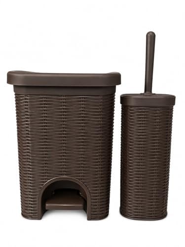 Rattan Style Bathroom Bin Set with Toilet Brush Holder – Pedal Trash Can with Removable Inner Bucket, Wicker Effect Plastic Waste Bin Set for Bathroom, Toilet & Laundry Room (DARK BROWN)