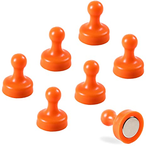 7 x Extra Strong Magnetic Push Pins Neodymium Magnets - Perfect for Maps, Whiteboards, Memos, Fridges, Homes, Schools and Offices [Assorted Colours] (Orange, Large (7 Pins))