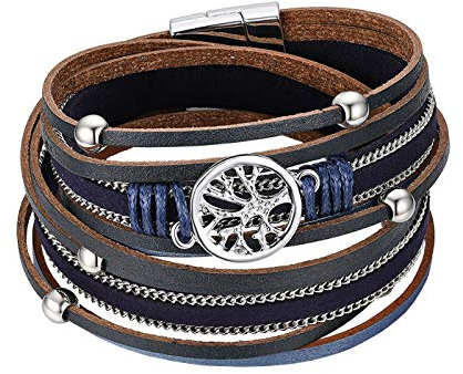 Flongo Damenarmband Frauen Armband Damen Lederarmband, Metall Leder Armband Armreif Geflochten Lederband Baum des Lebens Tree of Life Blau Braun Surfer Wickelarmband