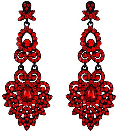 EVER FAITH Orecchini Donna Cristallo Nozze Vintage Stile Floreale Foglia Lampadario pendenti Rosso Nero-fondo
