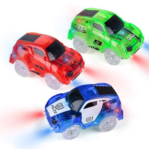 Funkprofi Spielzeugautos für Kinder ab 2 Jahre alt, 3 Pack Kinderspielzeug Auto Track Cars mit 5 LED Lichter Rennauto Rennwagen Leuchtender Elektrischer Eisenbahnwagen (Blau, Rot, Grün)