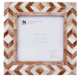 Handicrafts Home Chevron Brown Square 4x4 Picture Frame, Taj Handmade Bone Inlay 4 by 4 Photo Frame for Tabletop & Wall Decor, Holiday Home Decor, Boho Chic Coastal Farmhouse Frame,Desk & Shelf Decor | Tabletop & Wall Display, Easle Back & Hanging Hardwares, Vintage Minimal Kids Room, Nursery Decor, Baby Small Photo frame