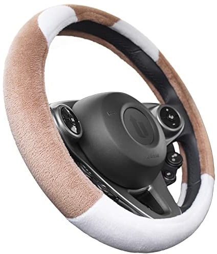 Upgrade4cars Lenkradbezug Winter Teddy Plüsch Braun Weiß | Fell Lenkradhülle Universal 37-39cm Warm & Weich | Autozubehör Innenraum Deko Geschenk-Ideen Geschenke für Frauen Männer