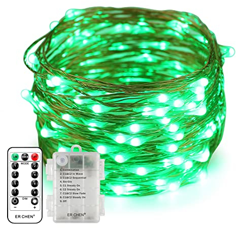 Erchen Batteriebetrieben LED Lichterkette, 33 FT 100 LED 10M dimmbare Kupfer Draht Lichterketten mit Fernbedienung 8 Modi Timer für Innen Außen Weihnachten Party (Grün)