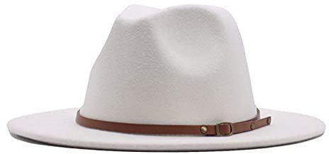 LIANGFANG Damen Fedora Hut Breite Krempe Floppy Wollfilz Filzhut Lederband Womens Classic Wide Brim Floppy Panama Hat Belt Buckle Wool Fedora Hat, Weiß, Einheitsgröße, AAC01