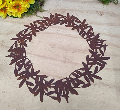 terracotta-toepfe-de Blätterkranz ca. 34 cm zum Hängen filigran handgefertigt aus Metall in Edelrost Fensterschmuck Gartendekoration Sommer mediterran Oliven