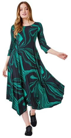 Roman Originals Women Abstract Marble Print Midi Dress - Ladies Spring Everyday Summer Holiday Round Neckline Comfy 3/4 Sleeve Soft Vacation - Black & Green - Size 10