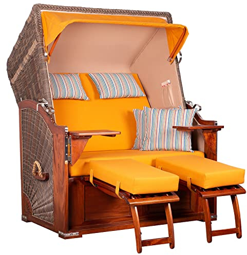 MR. DEKO® Strandkorb Seeblick Mahagoni 2-Sitzer | PE Geflecht Grey | Volllieger verstellbar mit Fußablage | inkl. 4 Kissen + Wechselpolster | Strandkörbe fertig montiert aus Mahagoniholz (Dessin 586)