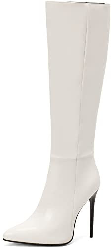 CUTEHEELS Stivali sopra il ginocchio sexy con tacchi a spillo e temperamatite da donna, bianco, 40 EU