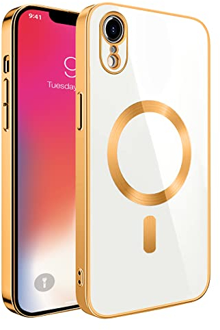 S. Dawezo Klare Magnetische Hülle für iPhone XR, kompatibel mit MagSafe Kabelloses Laden, Militärnorm Schutz, Kratzfest, Stoßfest, Schlanke Transparente Silikonhülle für iPhone XR Hülle, Gold