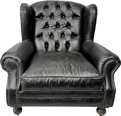 Casa Padrino Luxus Chesterfield Leder Ohrensessel Vintage Schwarz/Dunkelbraun - Chesterfield Echtleder Wohnzimmer Sessel - Wohnzimmer Möbel - Chesterfield Möbel - Echtleder Möbel - Luxus Möbel