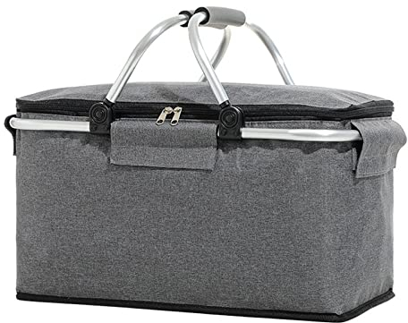 Picknickkorb, 22L Einkaufskörbe Carrybag, Thermo Einkaufskorb Kühltasche faltbar mit Deckel, Große isolierte Kühlkorb, Lunchtasche Thermo Tasche mit Aluminium-Griff für Büro Camping Picknick (Grau)