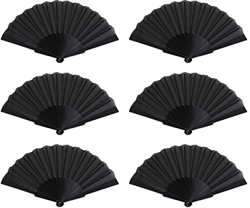 posionks 6 Pieces Oriental Cloth Fabric Fan Fabric Hand Fan for Wedding, Party Favor, Performance, Dance, Decorations, Festival, Gift (Black)