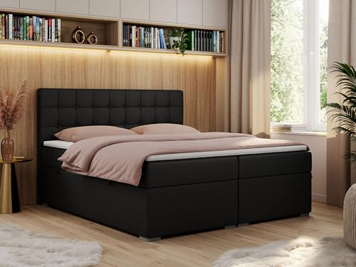MKS MEBLE Boxspringbett 200x200 mit Bettkasten, Bett 200x200 mit Stauraum und Kopfteil, Polsterbett mit Multipocket - Matratze H3 und Topper - Carmen - Schwarz Kunstleder