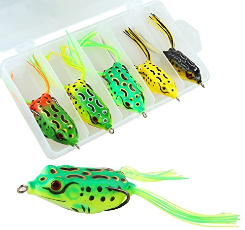 5PCS Topwater Frog Lures Set with Box, Realistic Soft Hollow Body Fishing Lures for Bass Snakehead Pike Bowfin, Weedless Freshwater Simulated Frog Baits