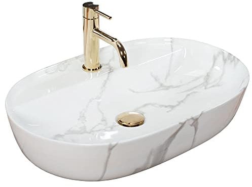 Rea Aufsatzwaschbecken AURA 61 MARMO SHINY, Waschtisch Handwaschbecken Waschschale Waschbecken für Badezimmer aus hochwertiger Keramik, 610 x 410 x 130 mm (weiß, Marmorimitat)