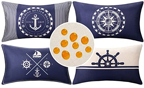 HomeStilez Kissenbezug 30x50 Wasserdicht Leinen Nautisch Kissenbezüge Marineblau Anker Ruder Segelboot Kompass Dekorative Kissenhülle Zierkissenbezüge für Sofakissen Bezug Auto Garten Draußen Drinnen