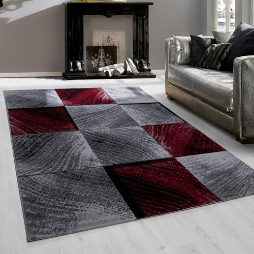 Teppium Moderner Kurzflor Teppich Wohnzimmer 140 x 200 cm Rot - Flauschiger Teppich Waschbar, Kariert Design, Pflegeleicht, Weich - Ideal für Schlafzimmer, Esszimer und als Küchenteppich