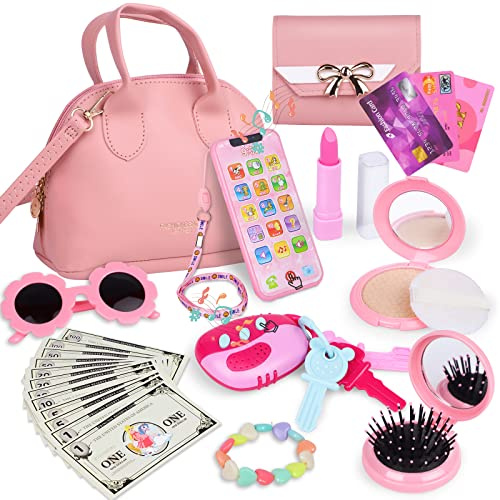 Learn2M Rosa Spielgeldbörse für kleine Mädchen im Alter von 3 bis 6 Jahren, Mein erstes Spielzeug mit Handtasche, Schminkset, Smartphone, Sonnenbrille, Geldbörse, Autoschlüsseln und Spielgeld.