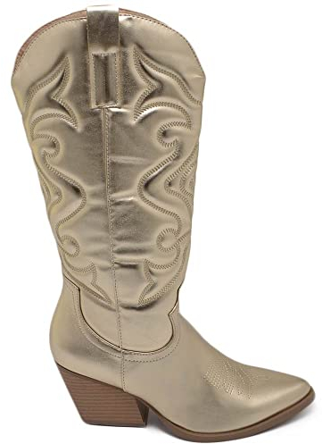 Malu Shoes Stivali donna camperos texani stile western dettagli laser oro perlato tacco western 7 cm con zip laterale (41 EU)