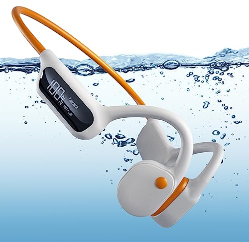 Knochenschall Kopfhörer, 32GB Speicher, Schwimmen kopfhörer IPX8 Wasserdicht, MP3 Sport kopfhörer, Kabellos Kopfhörer Bluetooth 5.3, Knochenschall Kopfhörer zum Schwimmen Laufen(Orange + Weiß)
