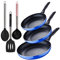 San Ignacio Set of 3 Frying Pans (16 + 20 + 24 cm) Pressed Aluminium, Induction, Navy Blue Paradise with Set of 3 Cooking Utensils Nylon