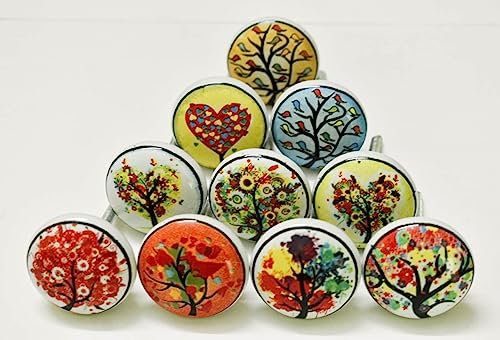 ARTISNO Lot de 10 boutons de tiroir d'armoire de cuisine en céramique – Quincaillerie faite à la main pour portes et armoires (arbre assorti)