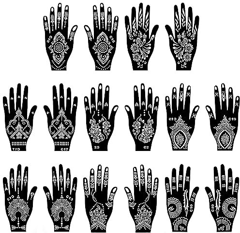 Vesaneae 16 Stück Henna Tattoo Schablonen Kit,Temporäre Tattoo Schablone Aufkleber,Body Art Tattoos Schablonen Aufkleber,Glitter Tattoo Air Brush Tattoo,für Hand Body Art