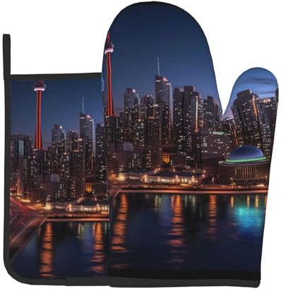 Cityscape Night Canada bedruckte Ofenhandschuhe und Topflappen, wasserdicht, hitzebeständig, mit Aufhängeschlaufe, 2 Stück