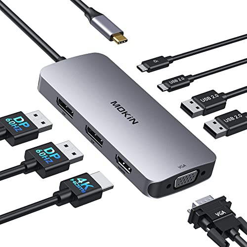 Docking Station Dual DisplayPort, 8 in 1 Laptop Docking Station Hub USB con 2 DP, 1 HDMI, VGA, USB C 2.0 e USB A 2.0, PD 100 W, Multi Monitor USB C Adattatore per computer portatili Surface/HP/Lenovo