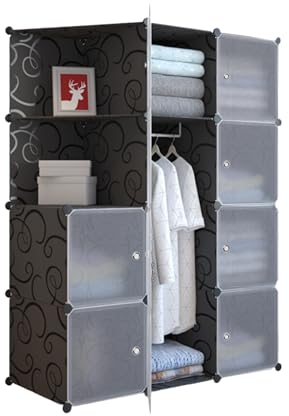 XOKOTAKI Regalsystem, Modulregal, Modularer Kleiderschrank, Kleiderorganizer für Zuhause, Aufbewahrungsregal für Schlafzimmer, 12 Module, 1 Stangen, 140 x 105 cm, Farbe Schwarz